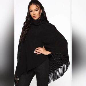 Black Knit Poncho with Fringe Cloaked Rowana Poncho - Black